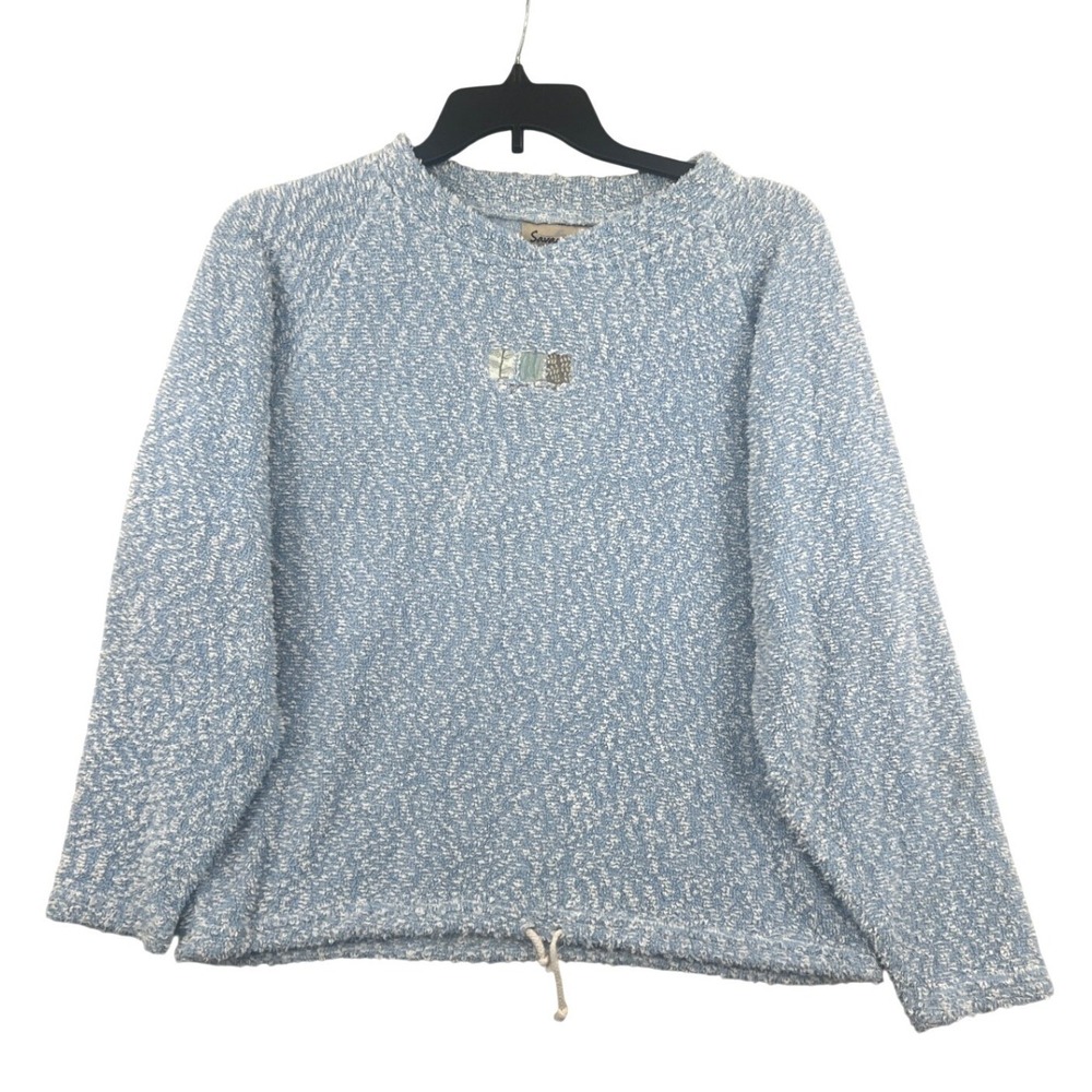 VTG Savannah Boucle Sweater Size L Blue Embroidered Drawstring Hem USA Coastal